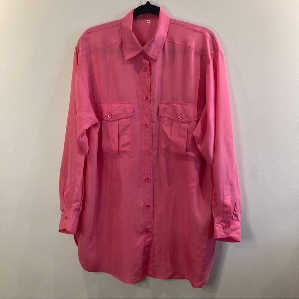 No Brand 100% Silk Sz 40 Patch Pockets Button Down Back Pleats Shirt Blouse